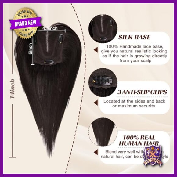 Real Human Hair Topper for Thinning Hair, 14 Inch Silk Base with Clips main image 5
